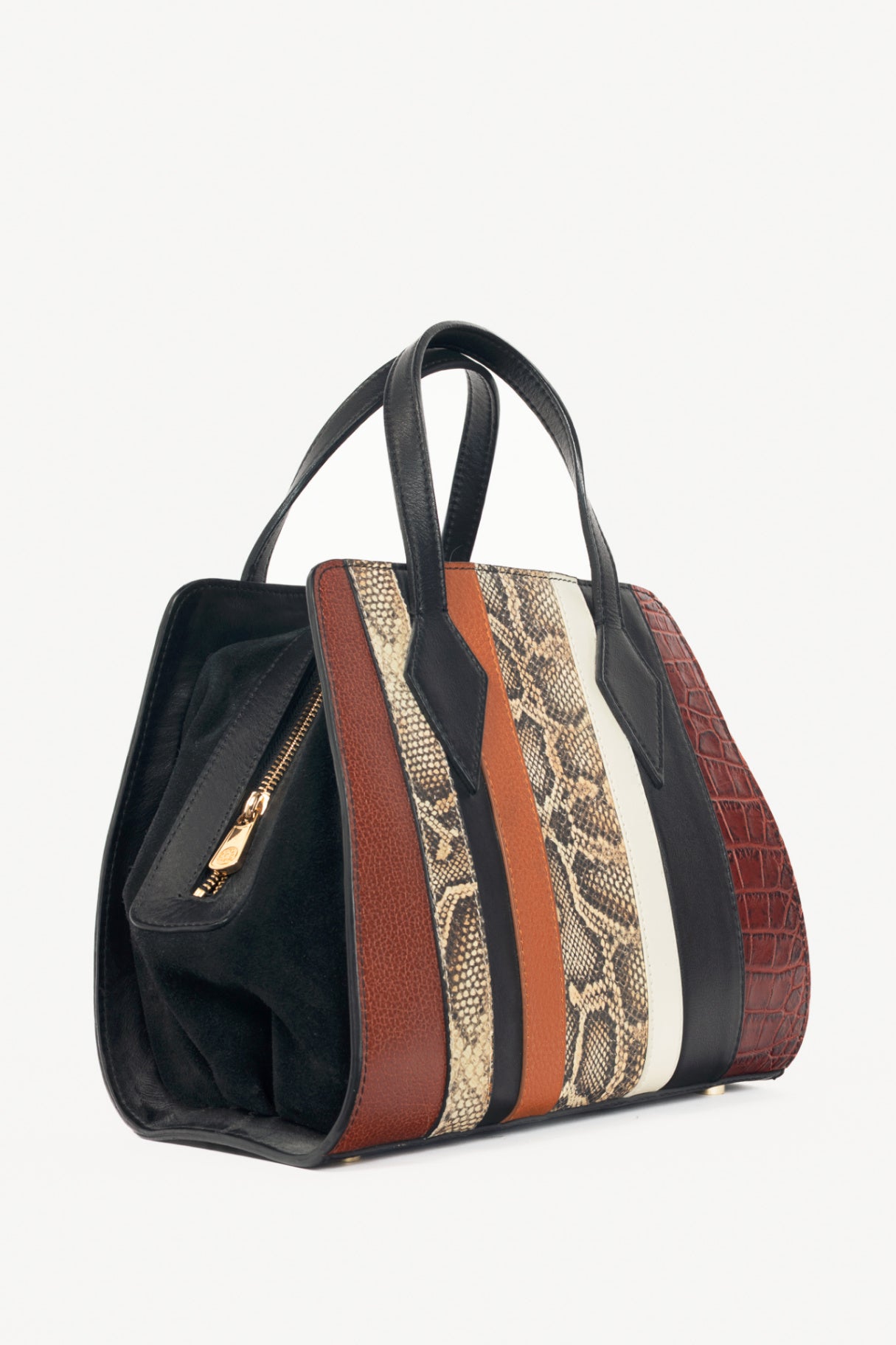 Nora Lozza Black Snake-Embossed Striped Tote