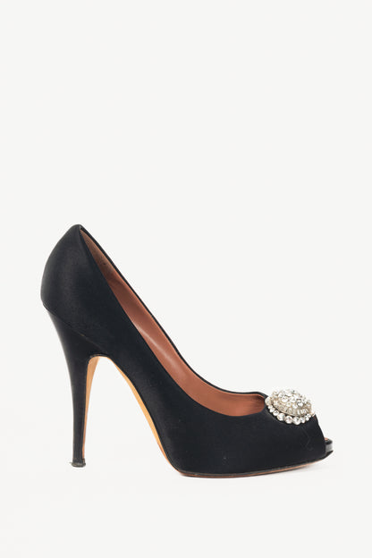 Giuseppe Zanotti Black Satin Embellished Peep-Toe Pumps