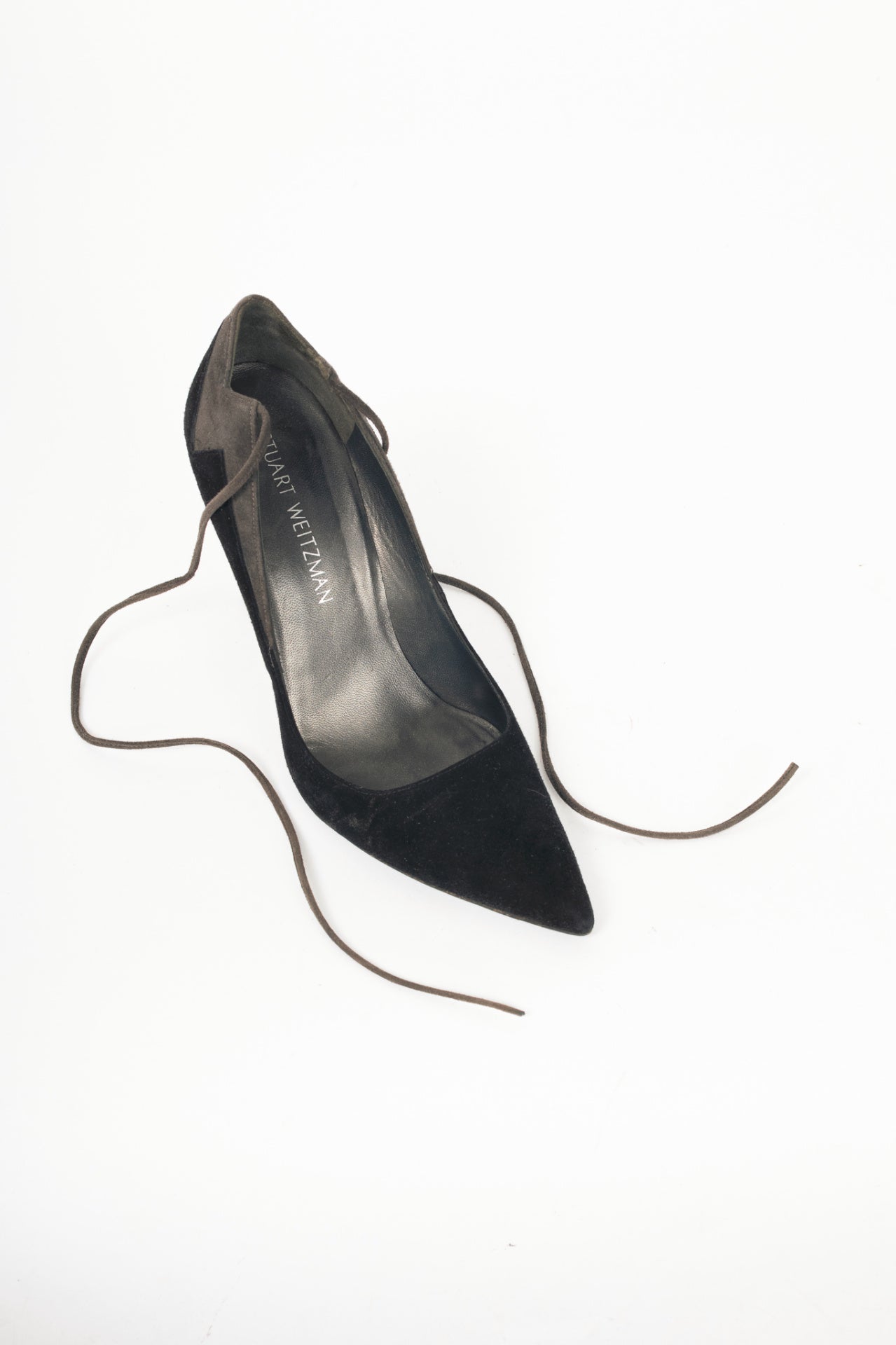 Stuart Weitzman Zig Black Suede Ankle-Tie Pointed-Toe Pumps