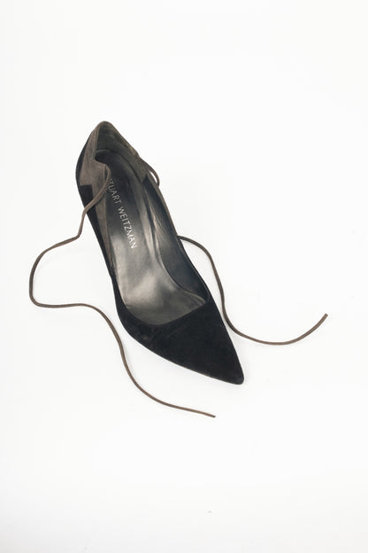 Stuart Weitzman Zig Black Suede Ankle-Tie Pointed-Toe Pumps