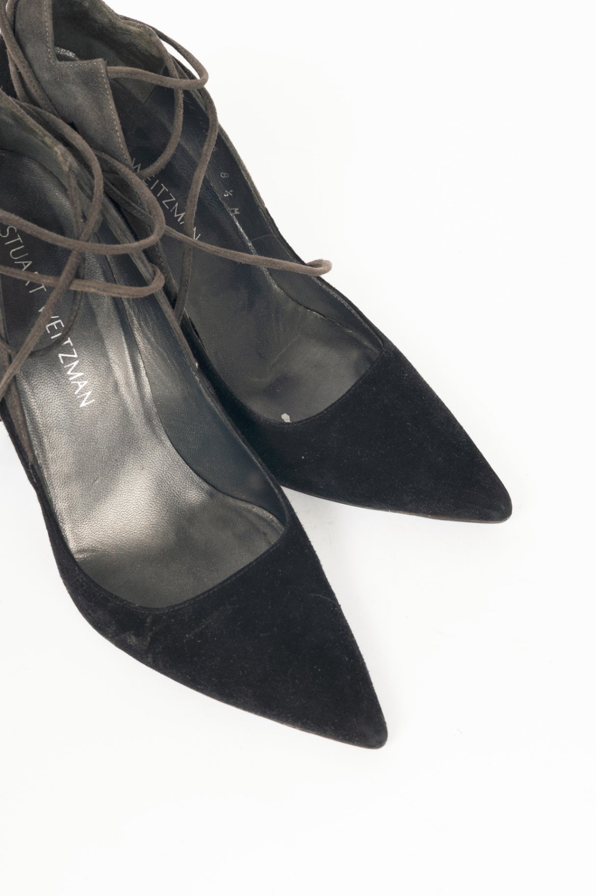 Stuart Weitzman Zig Black Suede Ankle-Tie Pointed-Toe Pumps
