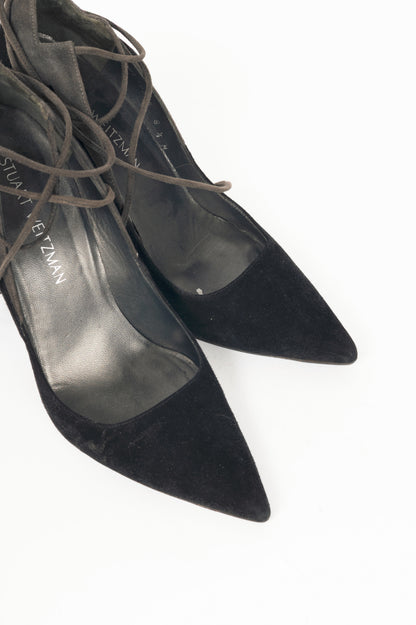 Stuart Weitzman Zig Black Suede Ankle-Tie Pointed-Toe Pumps