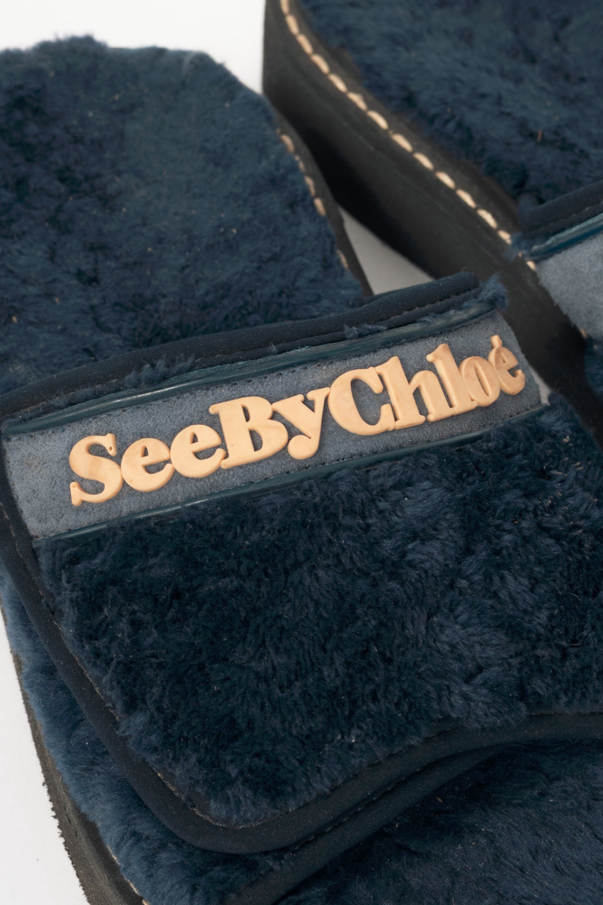 See by Chloe R17 Navy Faux-Fur Logo Slide Sandals