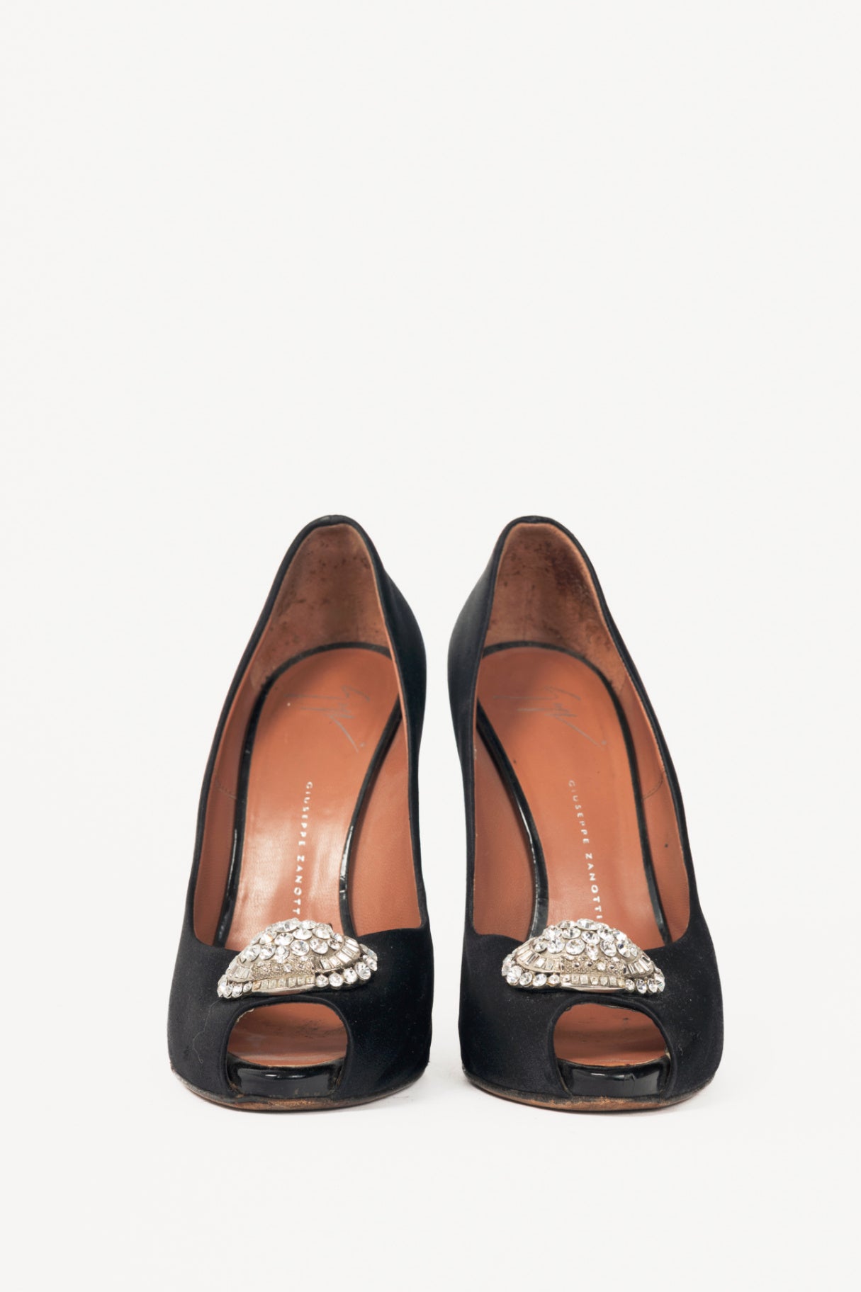Giuseppe Zanotti Black Satin Embellished Peep-Toe Pumps
