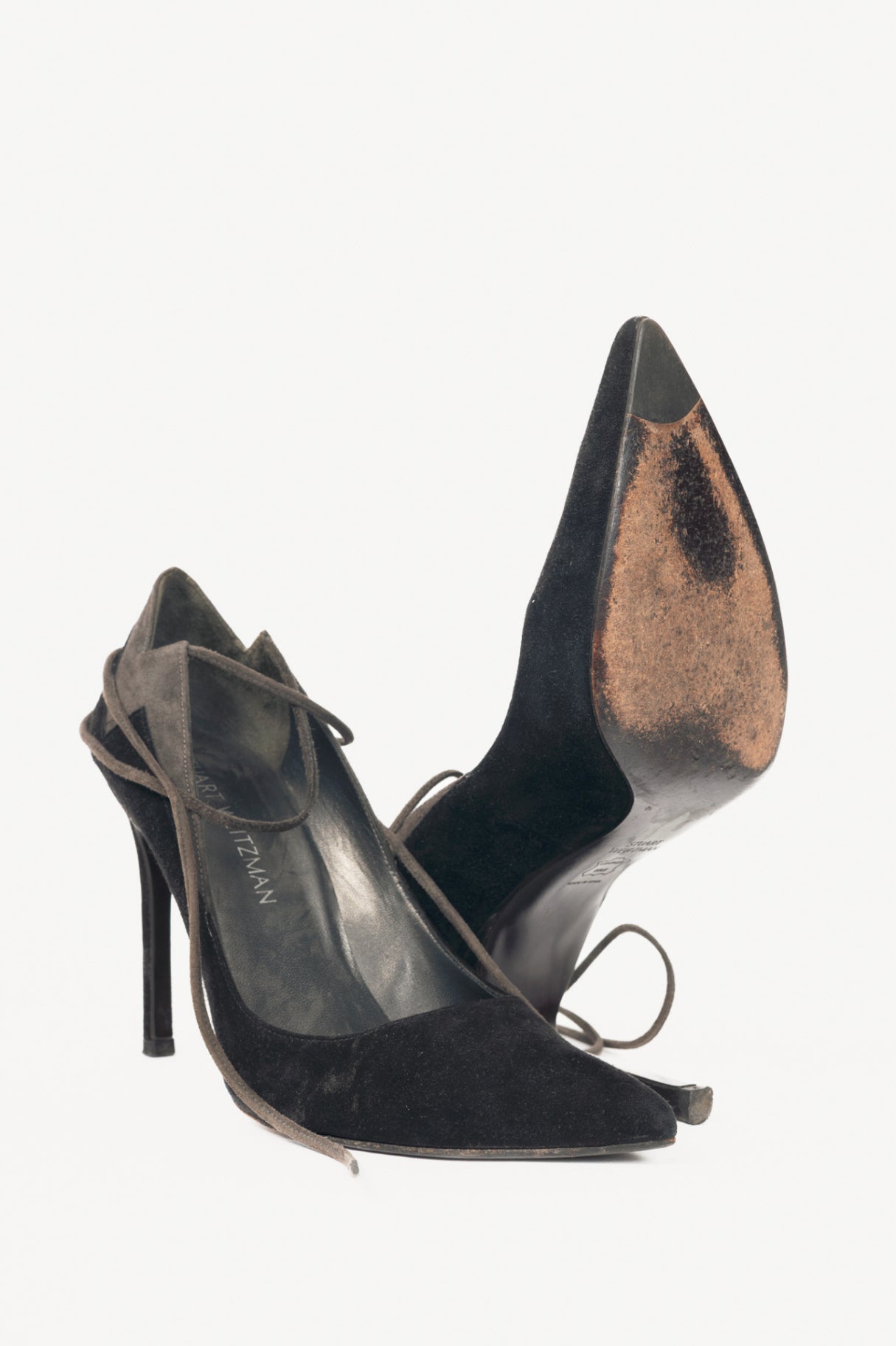 Stuart Weitzman Zig Black Suede Ankle-Tie Pointed-Toe Pumps