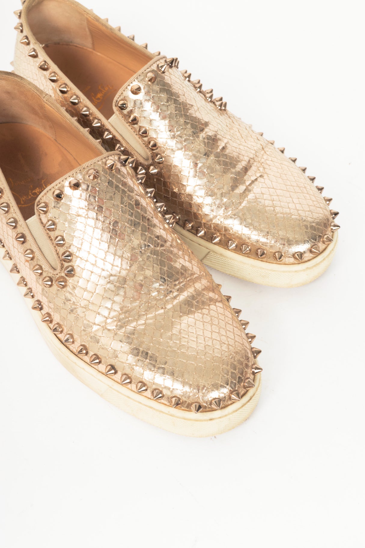 Christian Louboutin Pik Boat Gold Snake-Embossed Studded Sneakers