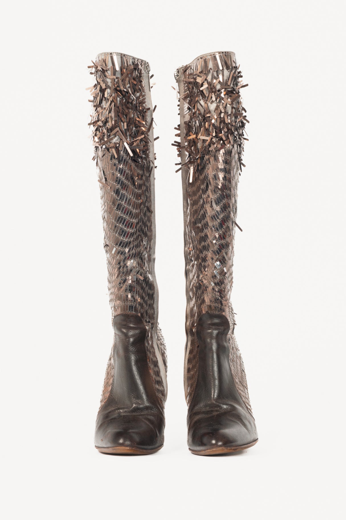 Renee Caovilla Brown Sequin & Leather Knee-High Boots