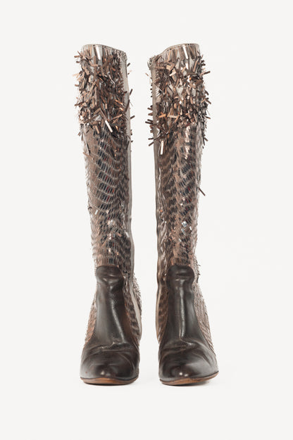 Renee Caovilla Brown Sequin & Leather Knee-High Boots
