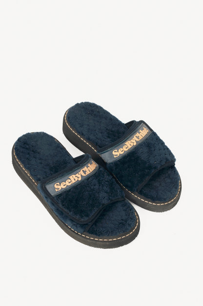 See by Chloe R17 Navy Faux-Fur Logo Slide Sandals