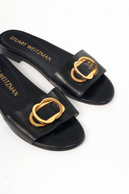 Stuart Weitzman Caicos Black Leather Slide Sandals