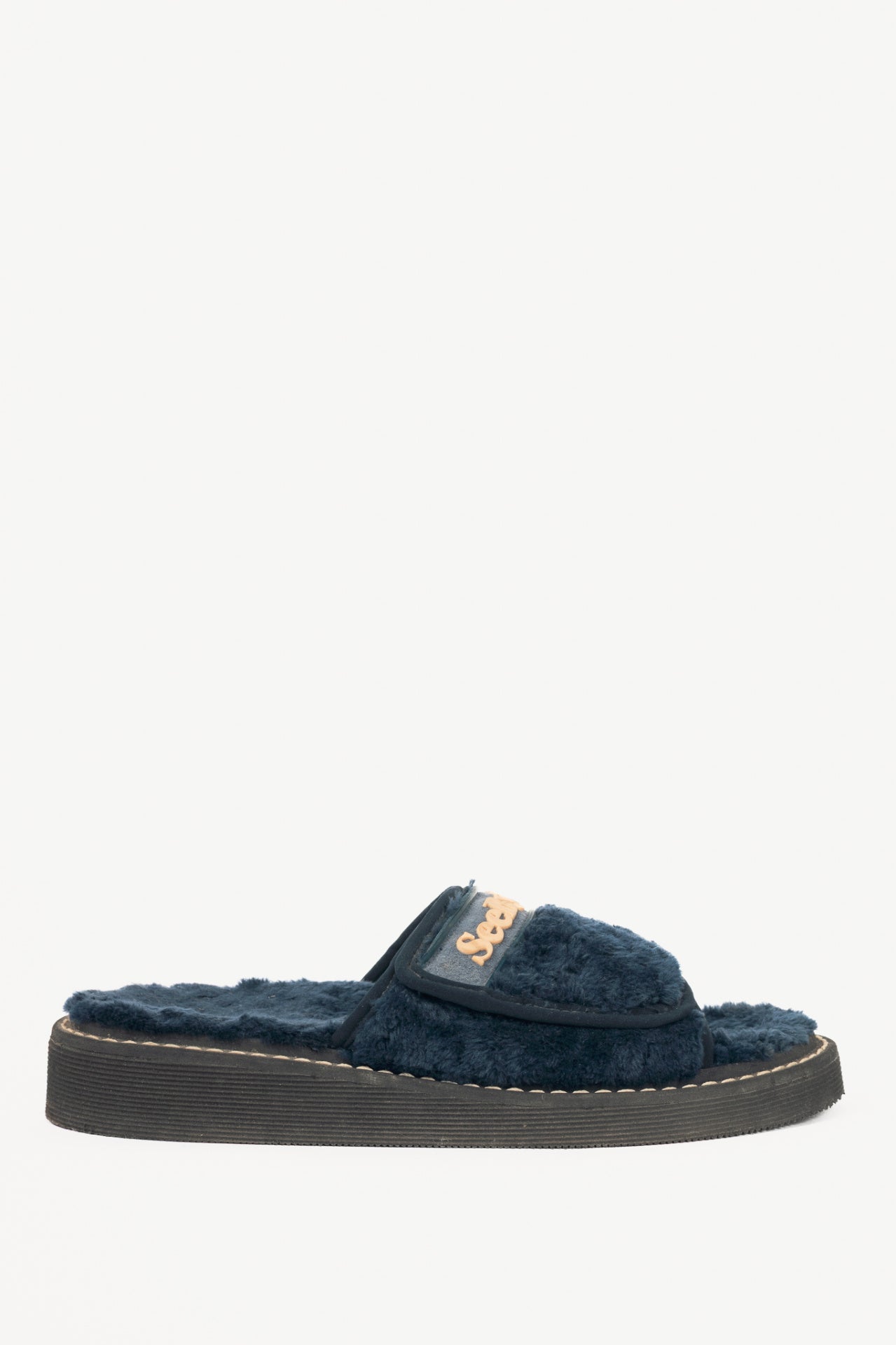 See by Chloe R17 Navy Faux-Fur Logo Slide Sandals