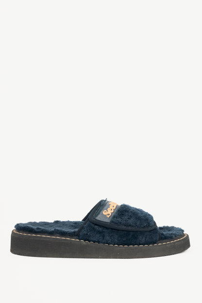See by Chloe R17 Navy Faux-Fur Logo Slide Sandals