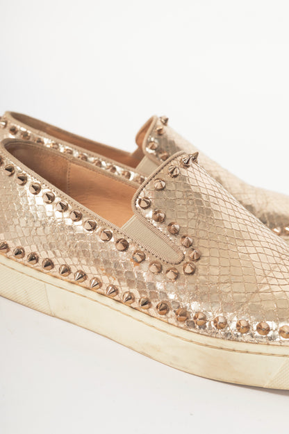 Christian Louboutin Pik Boat Gold Snake-Embossed Studded Sneakers
