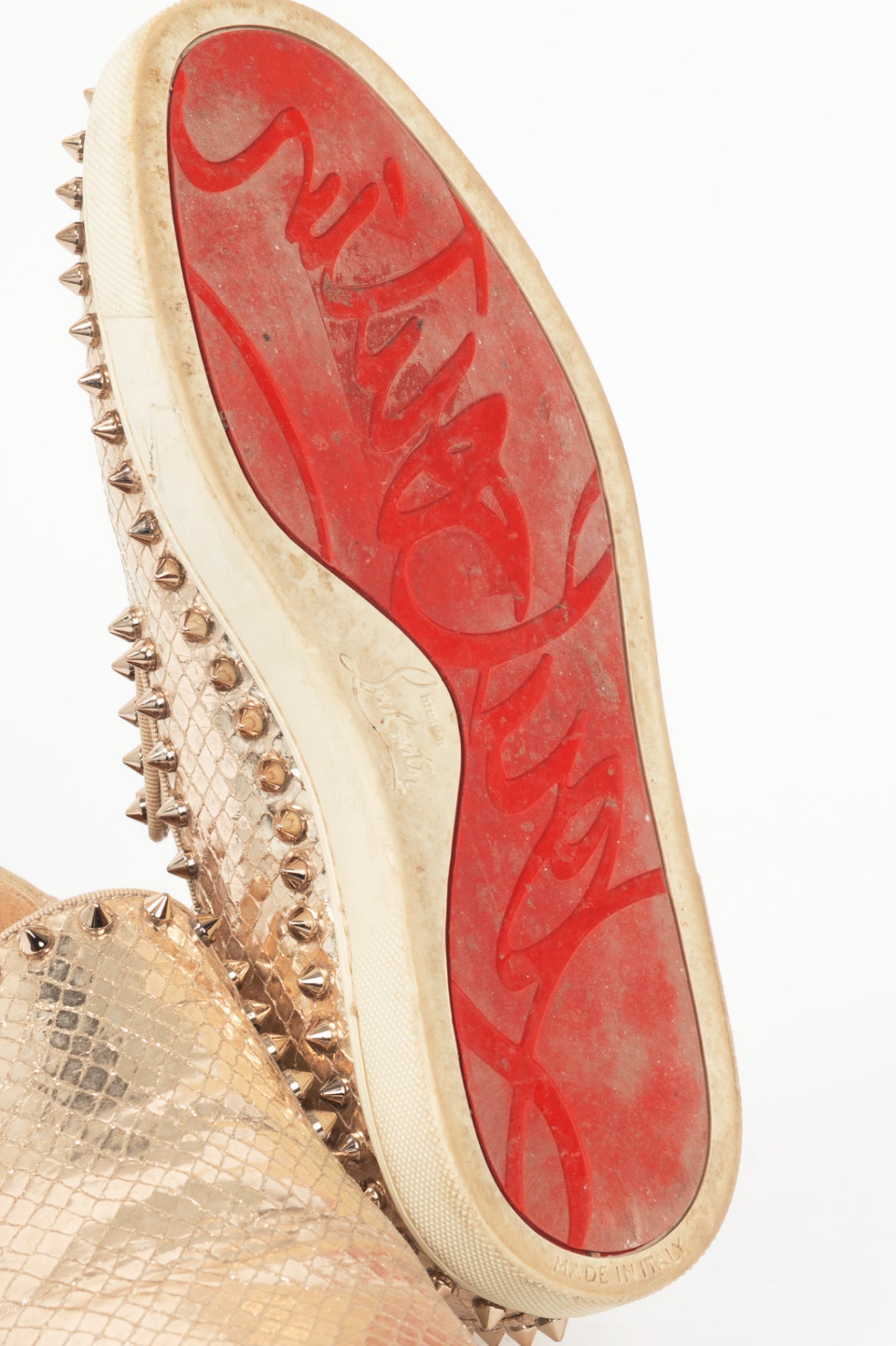 Christian Louboutin Pik Boat Gold Snake-Embossed Studded Sneakers