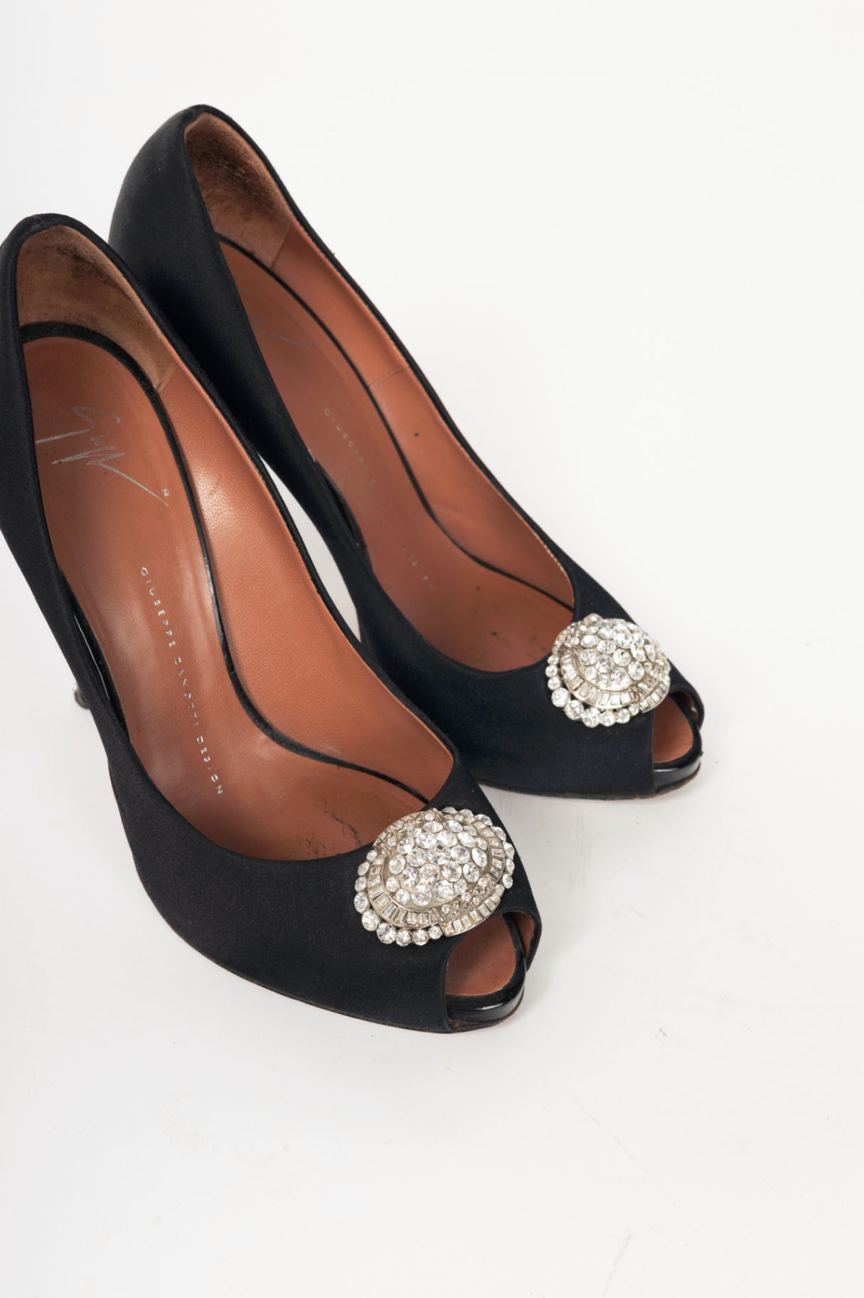 Giuseppe Zanotti Black Satin Embellished Peep-Toe Pumps