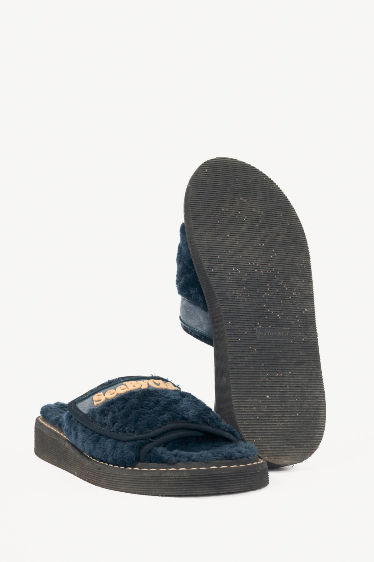 See by Chloe R17 Navy Faux-Fur Logo Slide Sandals