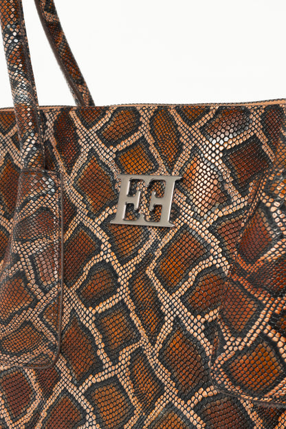 Escada Brown Snake-Embossed Leather Dome Tote
