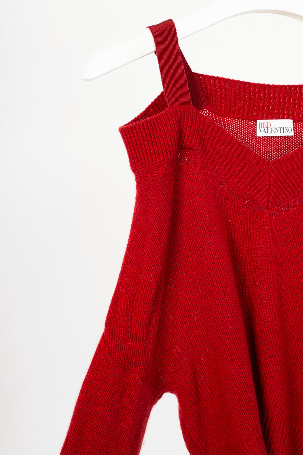 Red Valentino Red Wool-Knit Bow Off-Shoulder Sweater