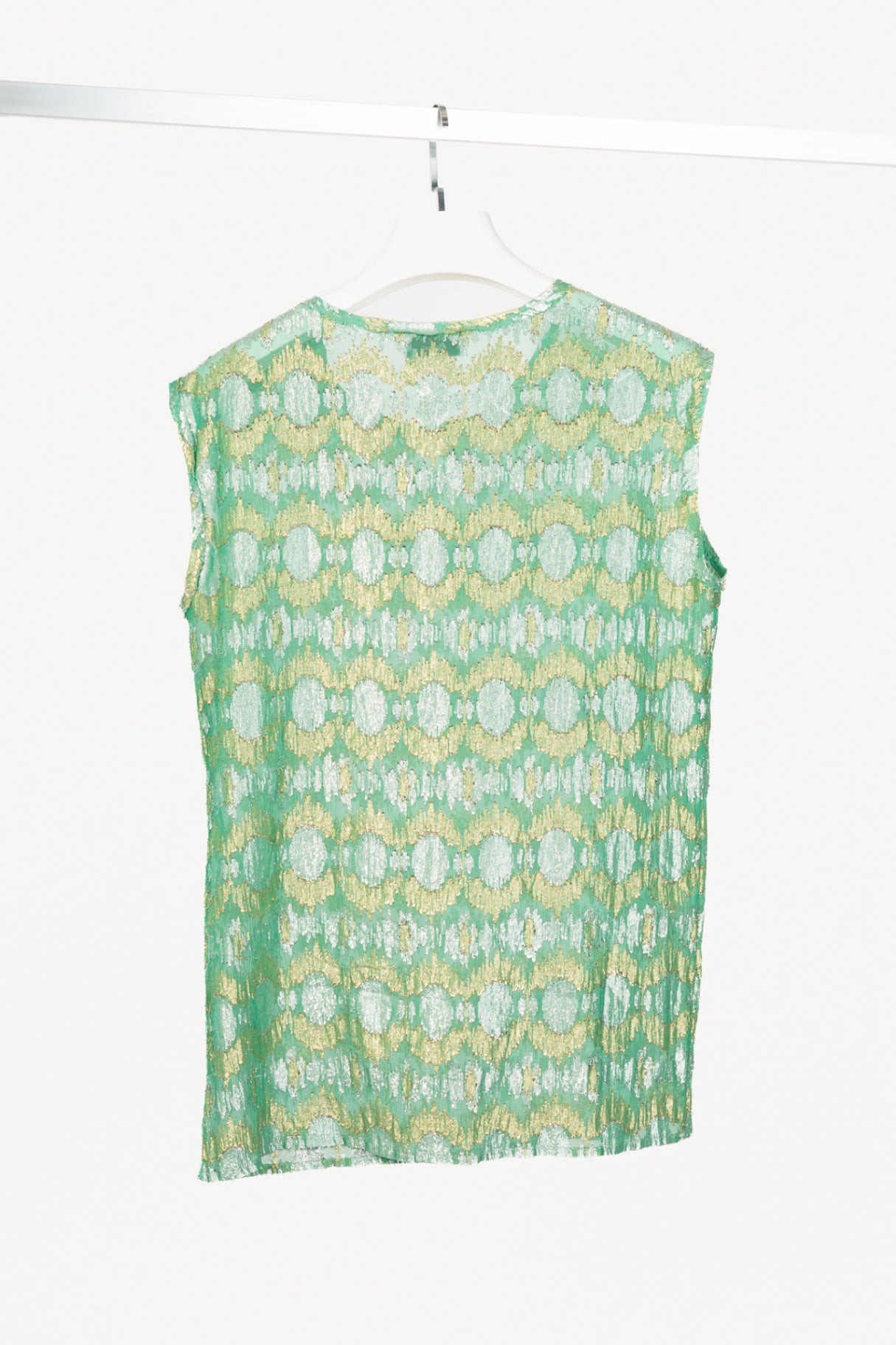 Lanvin SS14 Green Metallic Fil Coupe Geometric Silk-Crepe Tank