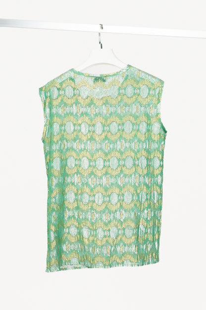 Lanvin SS14 Green Metallic Fil Coupe Geometric Silk-Crepe Tank