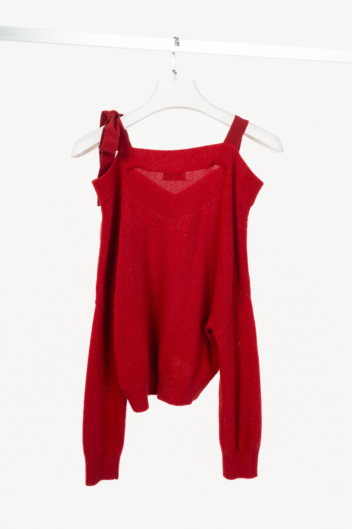 Red Valentino Red Wool-Knit Bow Off-Shoulder Sweater