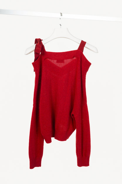 Red Valentino Red Wool-Knit Bow Off-Shoulder Sweater