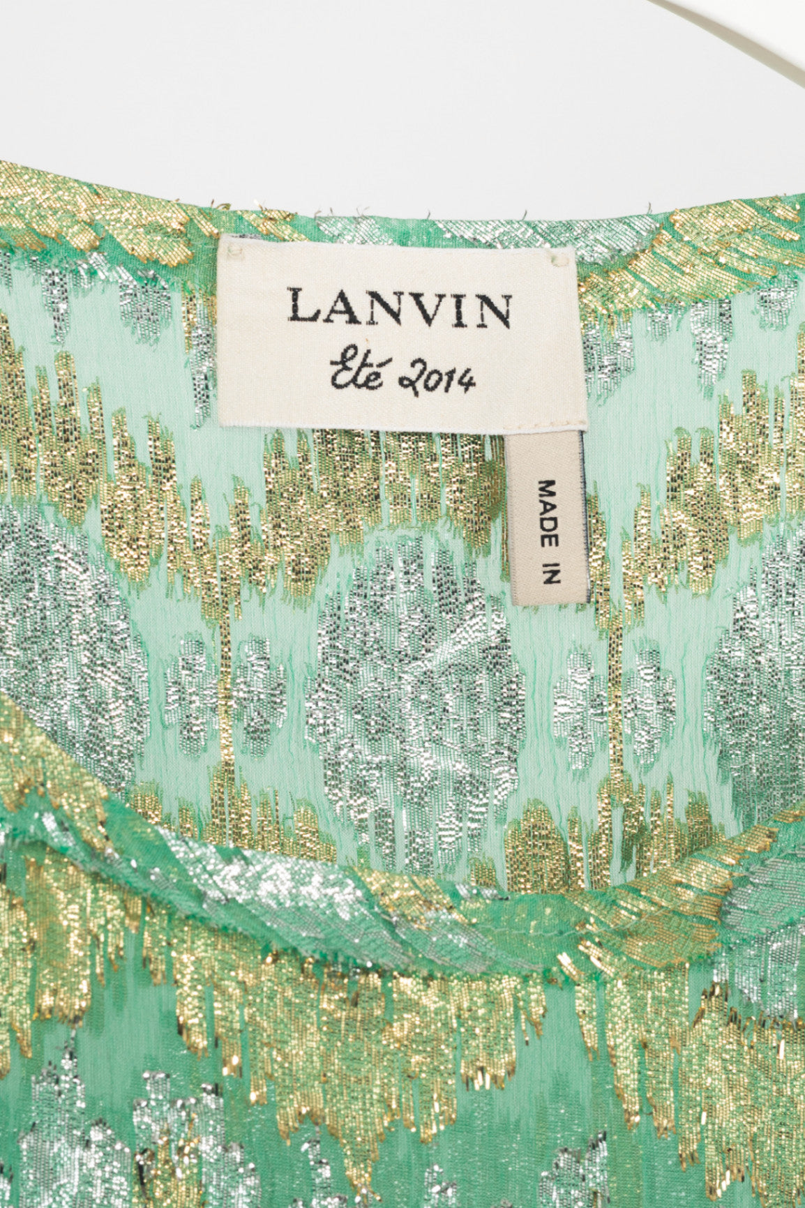 Lanvin SS14 Green Metallic Fil Coupe Geometric Silk-Crepe Tank