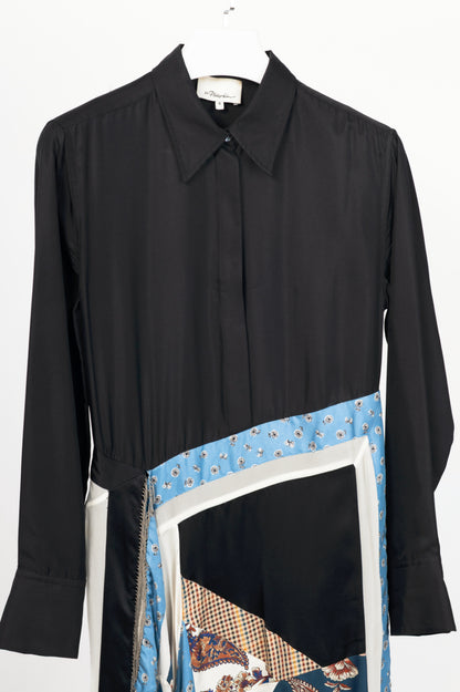 3.1 Phillip Lim Black Silk-Satin Patchwork Shirt Dress