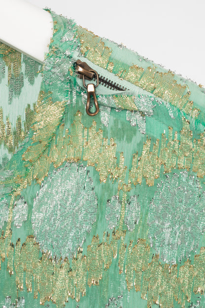 Lanvin SS14 Green Metallic Fil Coupe Geometric Silk-Crepe Tank