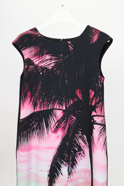 Boutique Moschino Black & Pink Palm-Tree-Print Crepe Shift Dress
