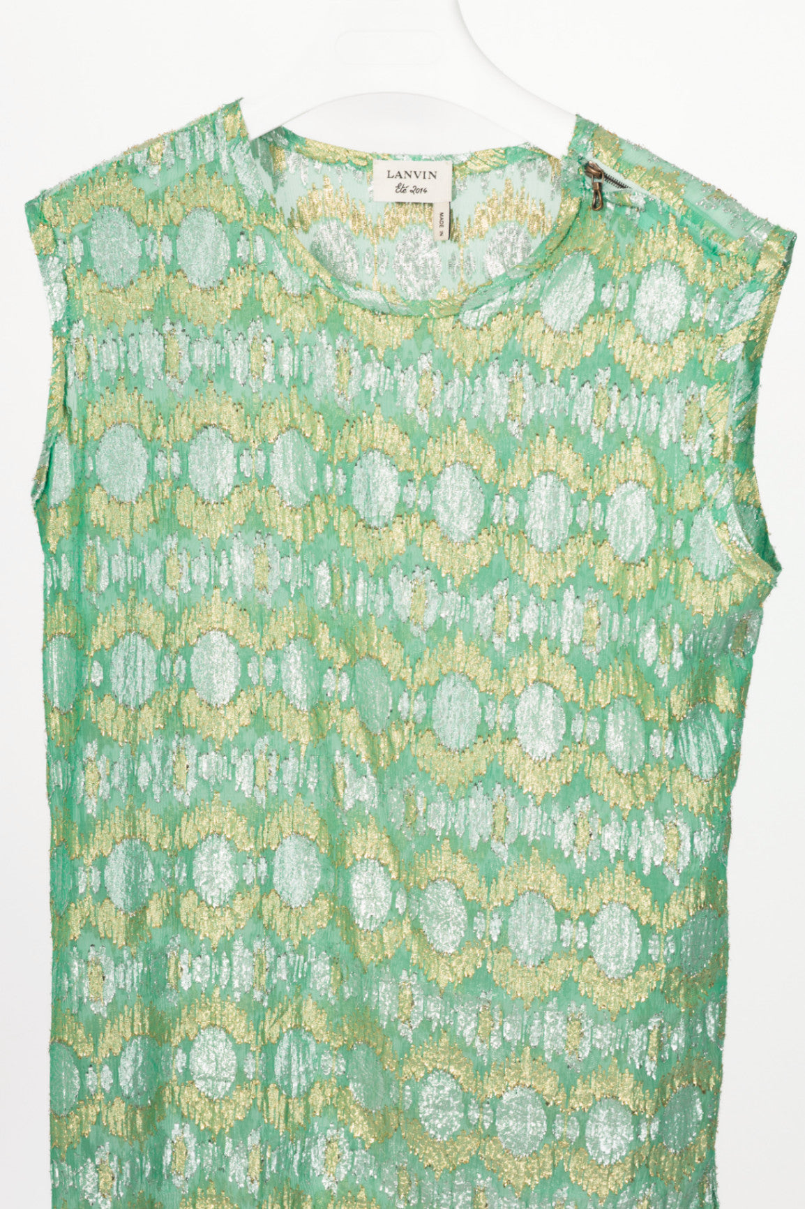 Lanvin SS14 Green Metallic Fil Coupe Geometric Silk-Crepe Tank