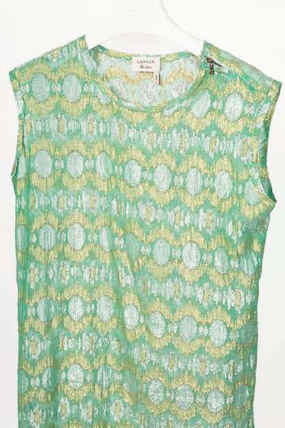 Lanvin SS14 Green Metallic Fil Coupe Geometric Silk-Crepe Tank
