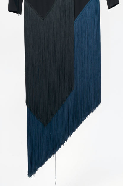 Stella McCartney Camille Black Crepe Fringe Asymmetrical Midi Dress