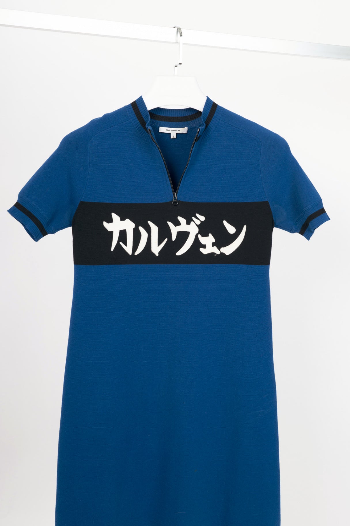 Carven SS15 Blue Cotton-Knit Flocked-Logo Mini Dress
