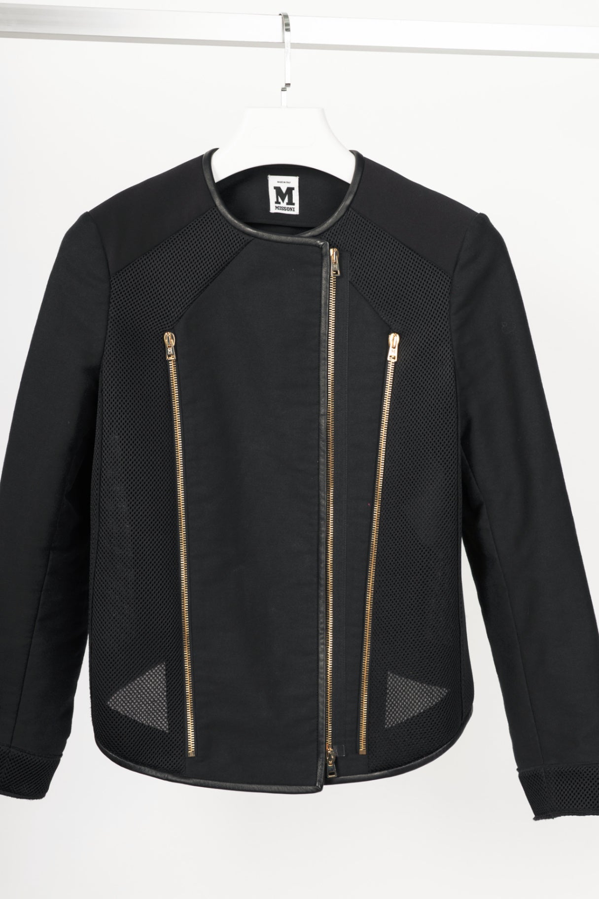 M by Missoni Black Cotton-Twill Mesh & Leather-Trim Moto Jacket