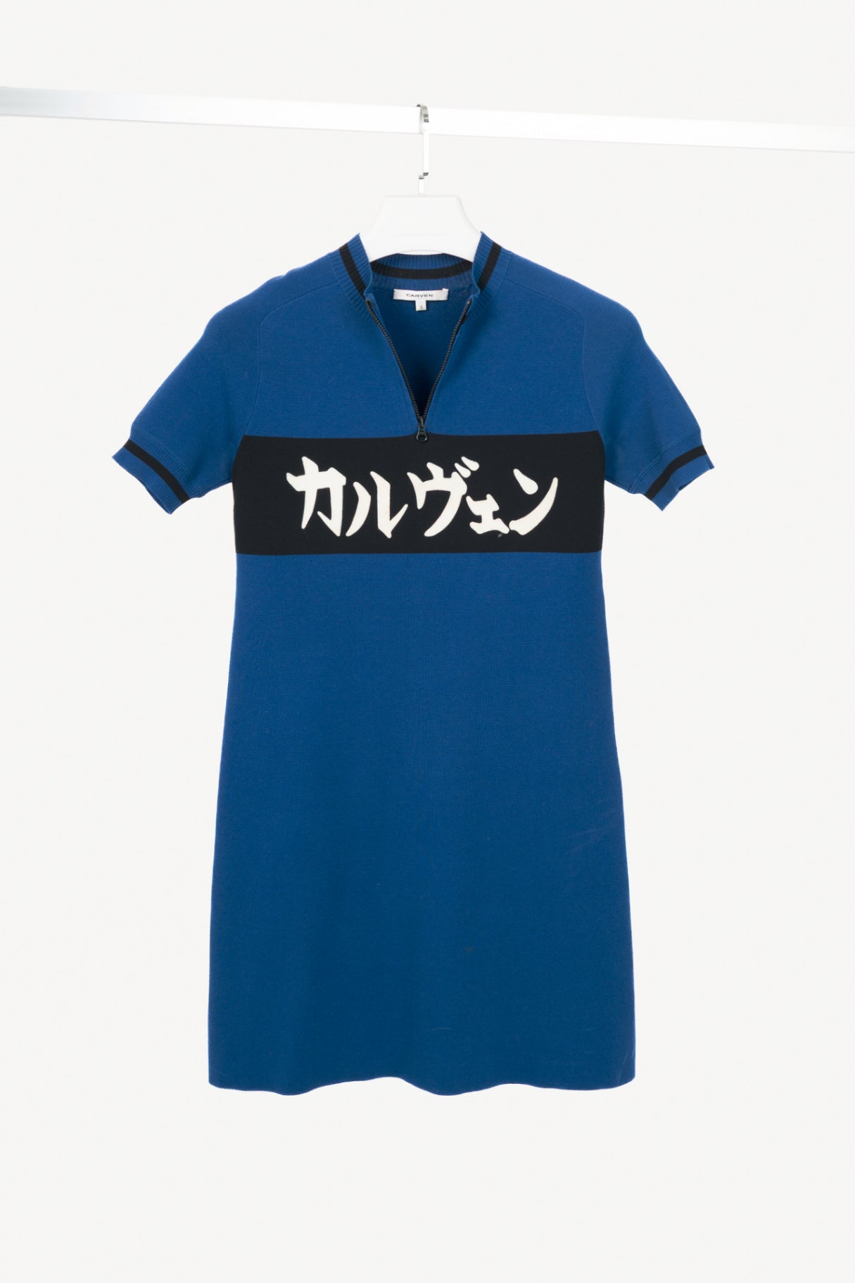 Carven SS15 Blue Cotton-Knit Flocked-Logo Mini Dress
