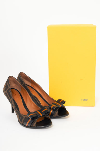 Fendi Tabacco & Nero Zucca Jacquard Bow Pumps