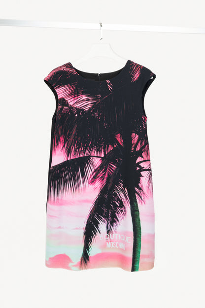 Boutique Moschino Black & Pink Palm-Tree-Print Crepe Shift Dress
