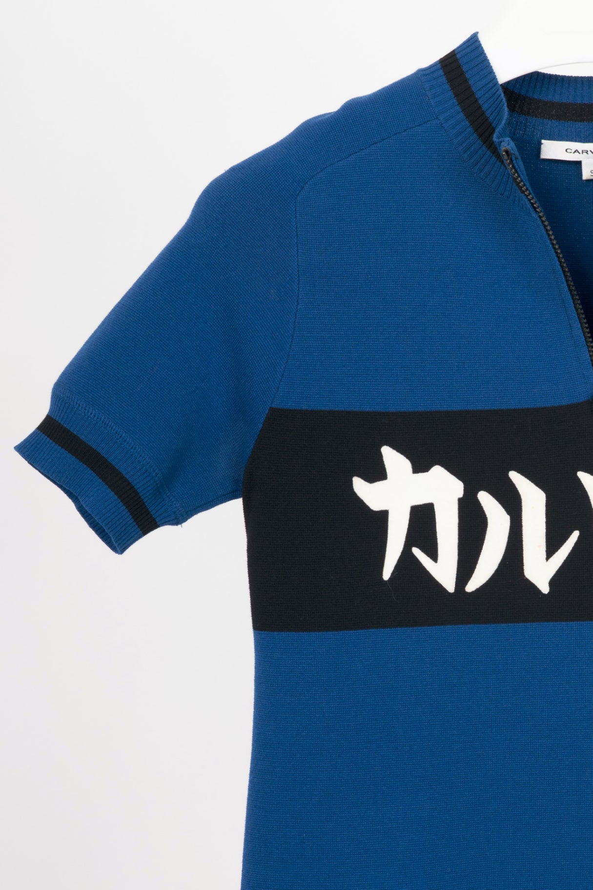 Carven SS15 Blue Cotton-Knit Flocked-Logo Mini Dress