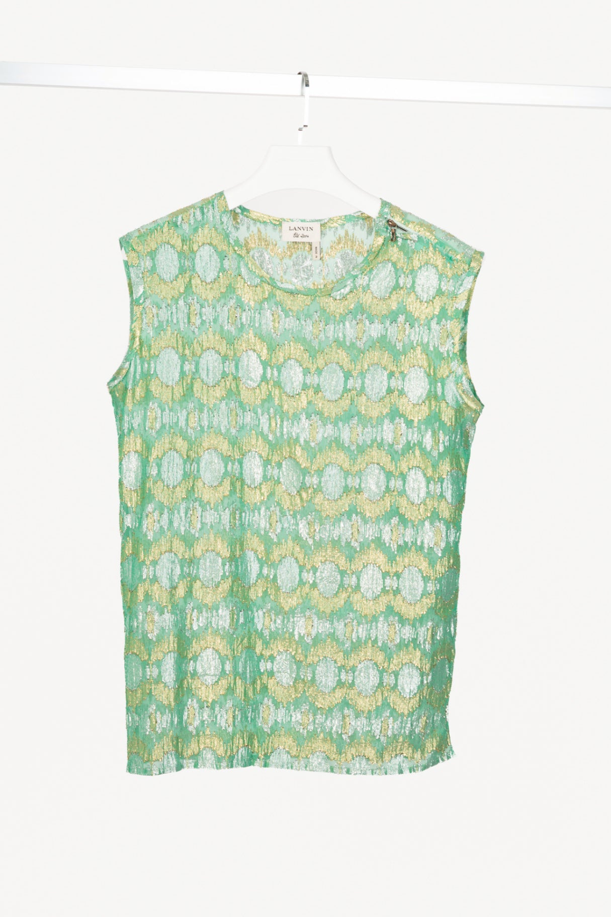 Lanvin SS14 Green Metallic Fil Coupe Geometric Silk-Crepe Tank