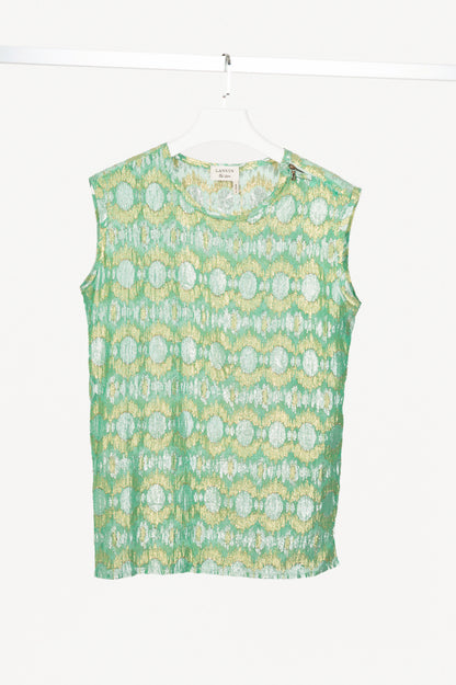 Lanvin SS14 Green Metallic Fil Coupe Geometric Silk-Crepe Tank