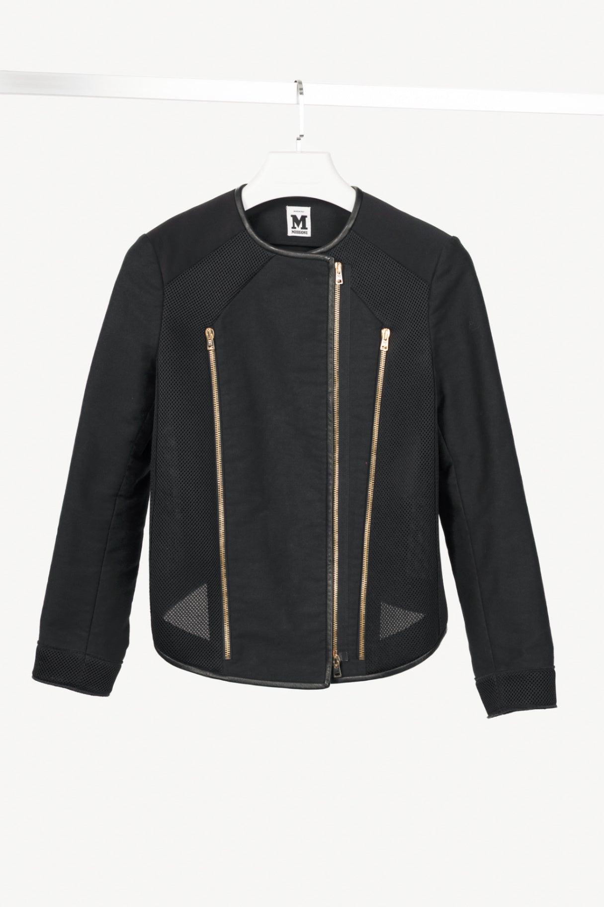 M by Missoni Black Cotton-Twill Mesh & Leather-Trim Moto Jacket