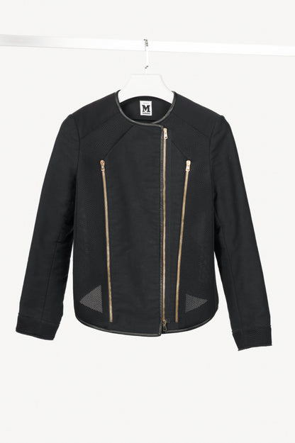M by Missoni Black Cotton-Twill Mesh & Leather-Trim Moto Jacket