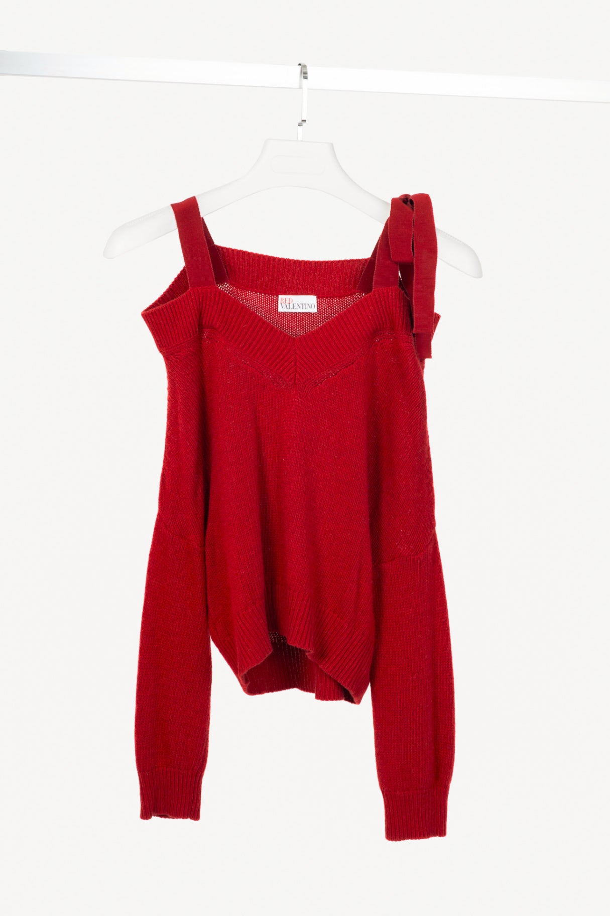 Red Valentino Red Wool-Knit Bow Off-Shoulder Sweater