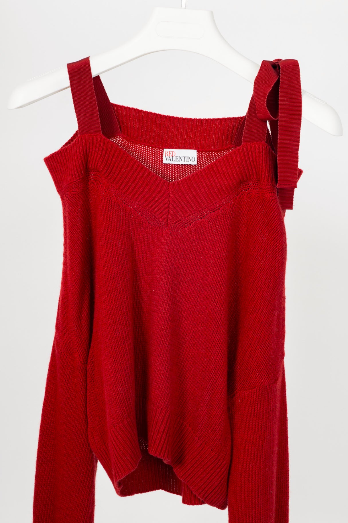 Red Valentino Red Wool-Knit Bow Off-Shoulder Sweater