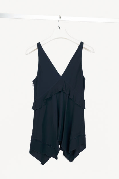 Derak Lam 10 Crosby Navy Silk-Crepe Handkerchief-Hem Ruffle Tank