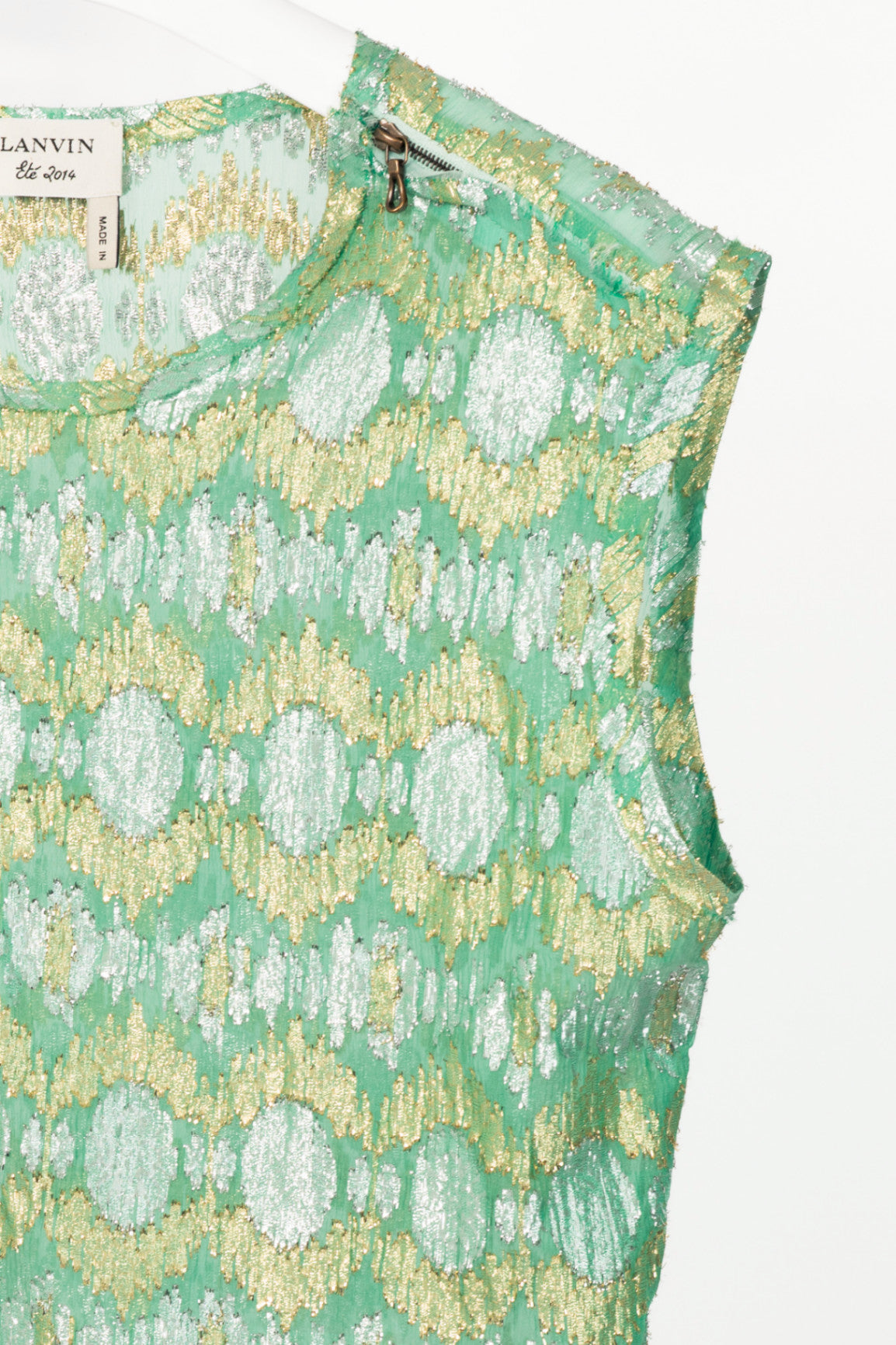 Lanvin SS14 Green Metallic Fil Coupe Geometric Silk-Crepe Tank