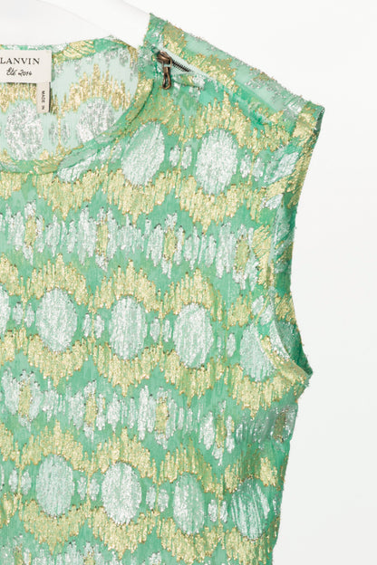 Lanvin SS14 Green Metallic Fil Coupe Geometric Silk-Crepe Tank