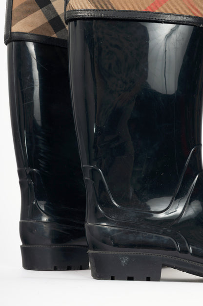 Burberry Crosshill Black House-Check-Trim Rubber Rain Boots