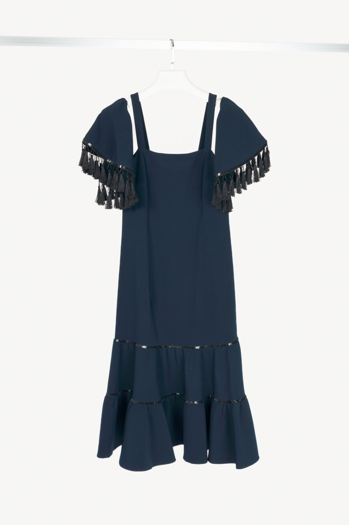 Sachin & Babi Navy Crepe Sequin Tassel Mermaid Midi Dress